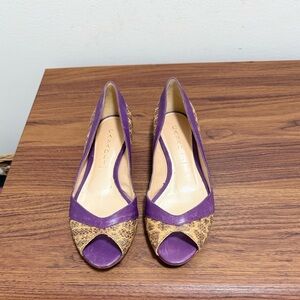 Casadei Peep Toe Purple Leather & Snakeskin Patterned Flat Shoes. Size 7